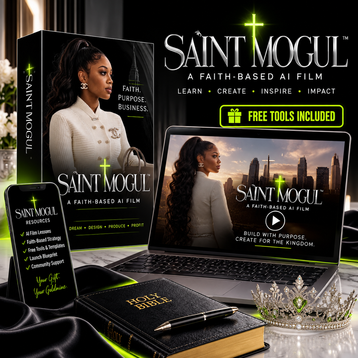Saint Mogul faith-based AI film course product mockup